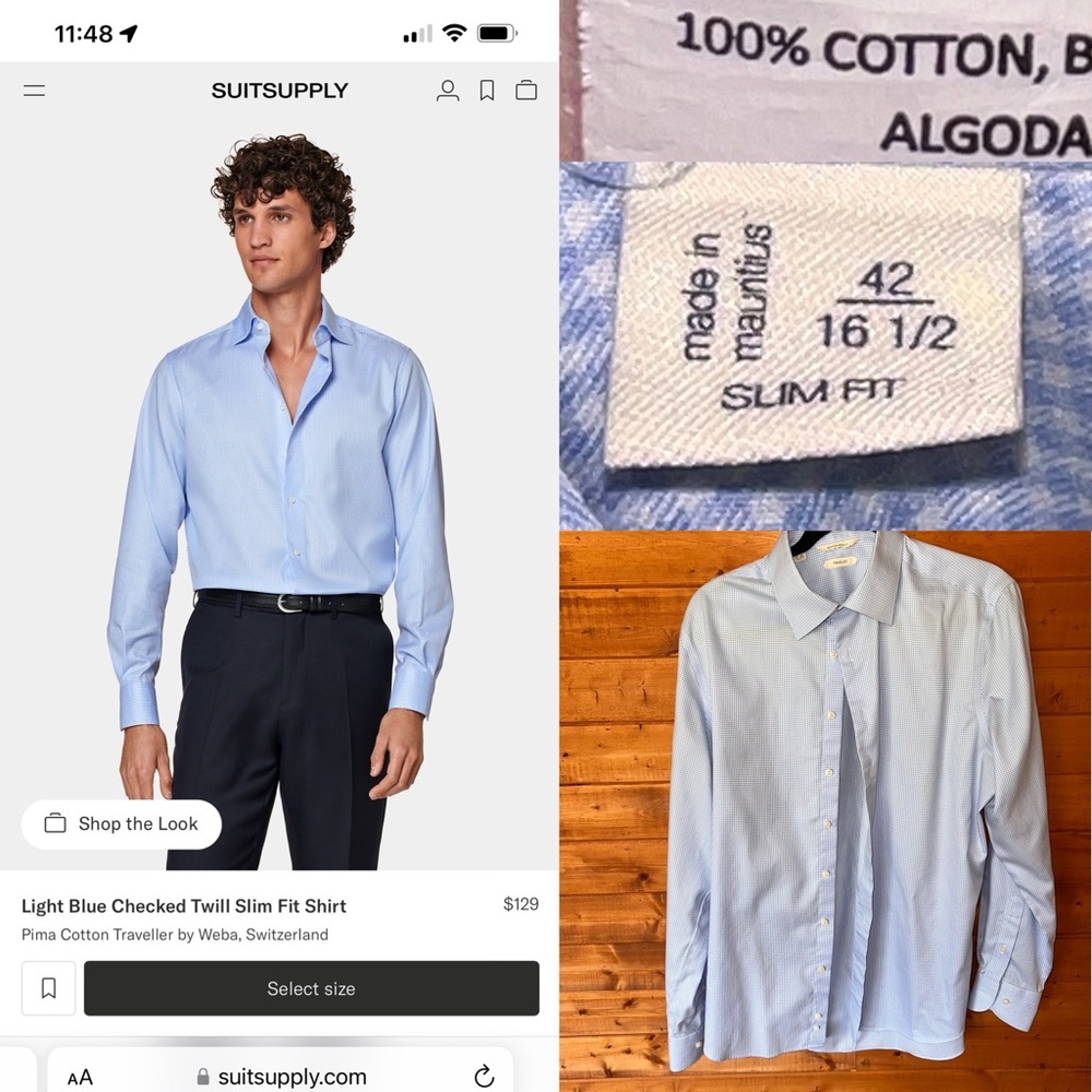 $129 suitssupply light blue check traveler shirt 100% cotton 16.5 or 42 euro